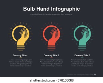 Flat business presentation vector slide template with hand bulb diagram