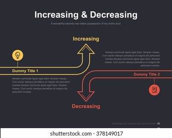 Flat business presentation vector slide template with increasing and decreasing arrow diagram