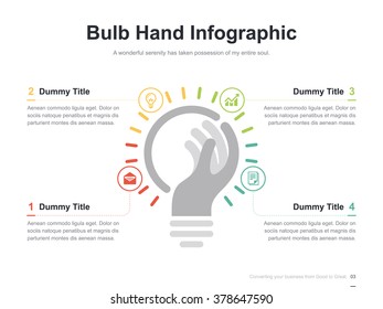 Flat business presentation vector slide template with idea bulb hand diagram