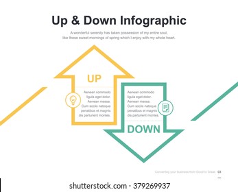 Flat business presentation vector slide template with up and down arrow diagram