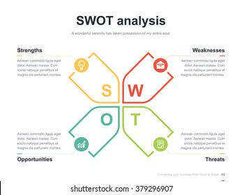 Flat business presentation vector slide template with swot analysis diagram