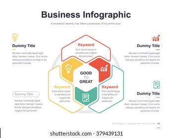 Flat business presentation vector slide template with hexagon venn diagram