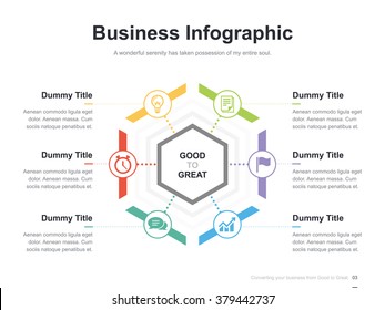 Flat business presentation vector slide template with hexagon diagram