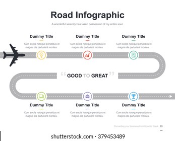 Flat business presentation vector slide template with airplane road diagram