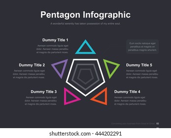 Flat business presentation vector slide template with 5 way pentagon diagram