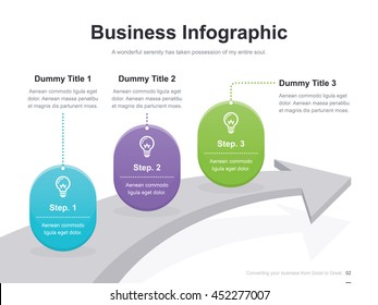 Flat business presentation vector slide template with step process arrow diagram