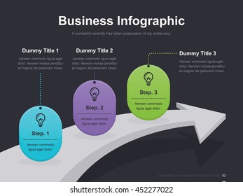 Flat business presentation vector slide template with step process arrow diagram