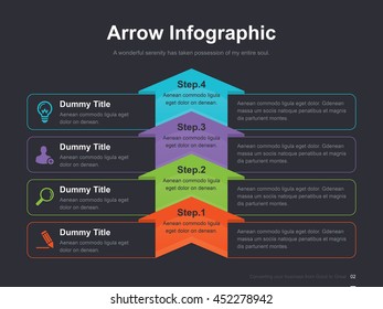 Flat business presentation vector slide template with step process arrow diagram