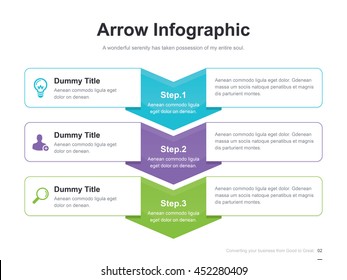 Flat business presentation vector slide template with step process arrow diagram