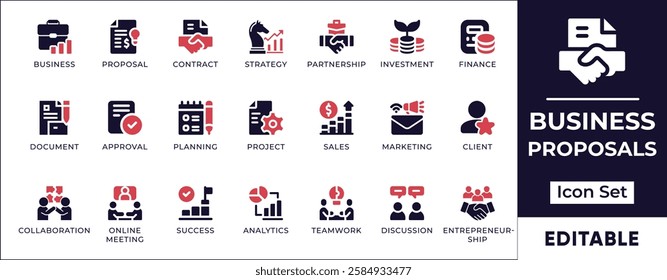 Flat business proposals icon set featuring contract agreements, deal negotiations, corporate presentations, client pitches, and strategic planning. Perfect for business and corporate projects.