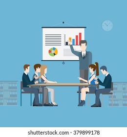 Flat Business Report, Meeting, Skull Session, Council, Presentation, Get-together, Palaver Web Infographic Concept Vector. Group Business People Sitting Questions Boss By Whiteboard.