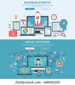 Flat Business Startup, Social Network infographics template vector illustration. Technology, Successful business concept.