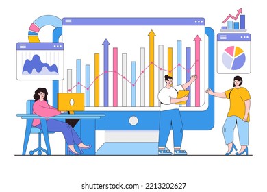 Flat business team monitoring and analyst web report dashboard concept. Outline design style minimal vector illustration.