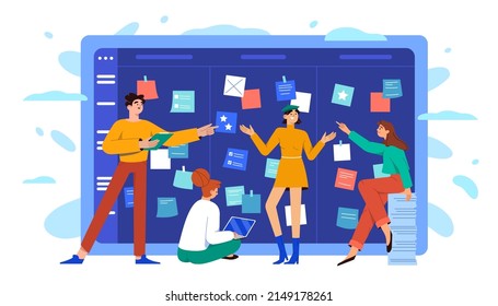 Flat business team at scrum board with sticky notes. Teamwork working together, discussing and organizing project schedule, scheme methodology. Group of people programming with tasks tracker in office