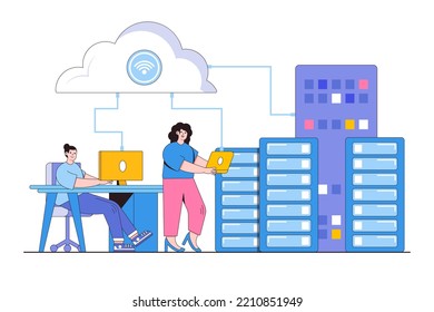 Flat business technology cloud computing service concept. Administrator and developer team connecting datacenter storage server. Outline design style minimal vector illustration.