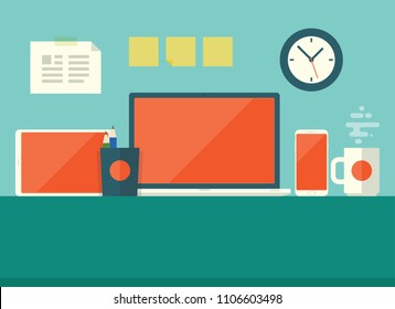 Flat business technology desktop workplace with gadgets, tablet, notes and a cup of coffee icons
