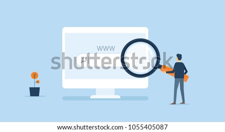 flat business technology internet online research in web browsing concept with business man working on monitor concept