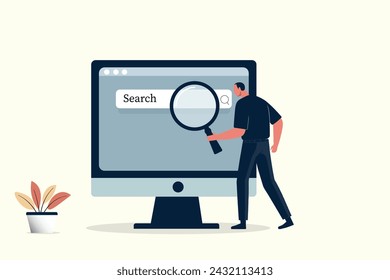 Bezeichnung: Flat Business-Technologie mit Geschäftsleuten, die online recherchieren. Die Szene zeigt einen Geschäftsmann vor einem Monitor, der das Internet und das Surfen im Internet erkundet