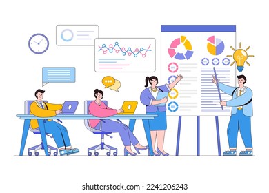 Formación empresarial plana o cursos con el concepto de personajes. Estilo de diseño de contorno ilustración vectorial mínima para página de inicio, banner web, infografías, imágenes de héroe.
