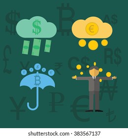 flat business vector illustration of clouds , rain of money , umbrella , man under a money rain and symbols of the world Currency