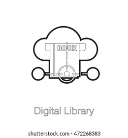 Flat business web element, online education sign, button, logo of Digital Library with cloud connection and book