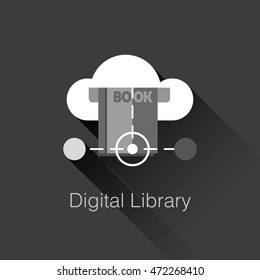 Flat business web element, online education sign, button, logo of Digital Library with cloud connection and book