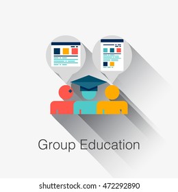 Flat business web element, online education sign, button, logo of Group Education with people students silhouette, graduation hat, notes paper in mood clouds.