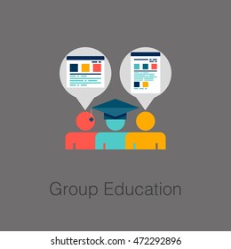 Flat business web element, online education sign, button, logo of Group Education with people students silhouette, graduation hat, notes paper in mood clouds.