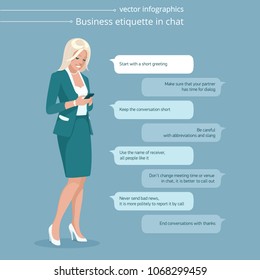 Flat business woman sends instant messages by smartphone. Blonde lady dressed in the teal suit stands near text bubbles of mobile chat app. Business etiquette of conversations. Vector presentation.