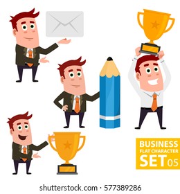 Flat Business Worker Set - golden cup, trophy, pen, envelope, success,first