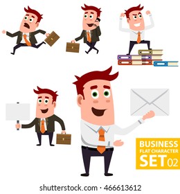 Flat Business Worker Set - Worker is running, carrying 
brief case ,celebrates his victory, holding signs and showing envelope.
