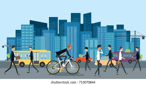 Flat Businessman Biking On The Road  Go To Work In Urban With Business People And  Energy Saving Concept
