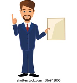 Flat businessman in a business suit with banner