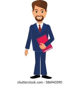 Flat businessman in a business suit with book