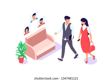 Flat businessman and businesswoman go near chair, plant and booth best workers. Concept business characters at work, employee relationship. Vector illustration.