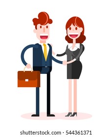 Flat Businessman and Businesswoman Shaking Hands on White Background. Isolated Flat Vector Illustration.
