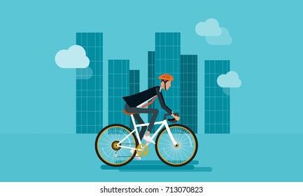 Flat Businessman Character Biking Go To Work In Urban  And Energy Saving Concept
