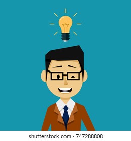 Flat Businessman Character with an Idea Light Bulb Above the Head
