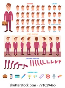 Flat Businessman Character Set. Character has different kinds of poses, emotions and also lip sync.  Body parts already prepared for animation and also items icons.