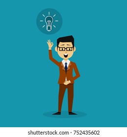 Flat Businessman Illustration with a Bright Shining Light Bulb Above. Inspiration of an Idea