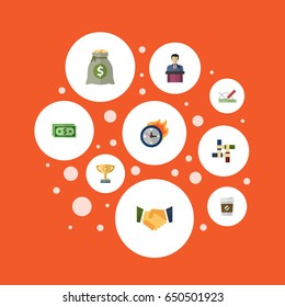 Flat Businessman, Income, Break And Other Vector Elements. Set Of Projects Flat Symbols Also Includes Limit, Partnership, Motivation Objects.