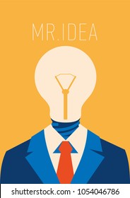 Flat businessman with light bulb instead head, idea concept