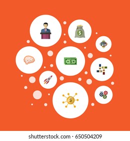 Flat Businessman, Rocket, Financing And Other Vector Elements. Set Of Startup Flat Symbols Also Includes Income, Teamwork, Coin Objects.