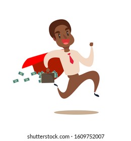Flat businessman running away with briefcase full of money banknotes vector illustration. Business stealing concept.