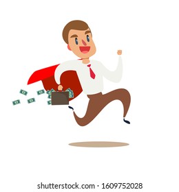 Flat businessman running away with briefcase full of money banknotes vector illustration. Business stealing concept.
