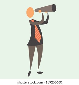 Flat businessman sees way development.  Simple vector man and sightseeing pipe