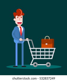 Flat Businessman Shopping on Dark Background. Isolated Flat Vector Illustration.