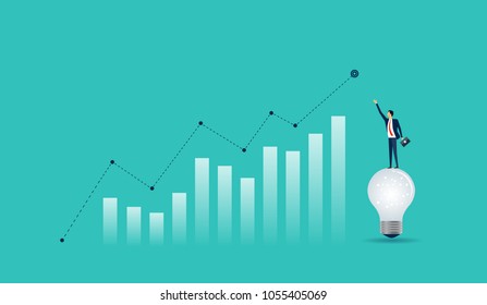 flat businessman standing on light bulb with business finance graph concept