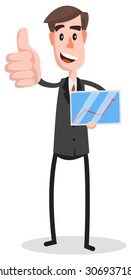 Flat Businessman Tablet Thumb. Business man cartoon character vector illustration