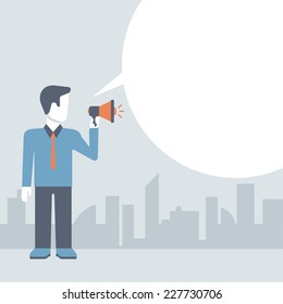 Flat businessman talks using loudspeaker. Promotion concept. People talking balloon message comic modern style vector. Blank copyspace place for your text or logo. Flat business templates collection.